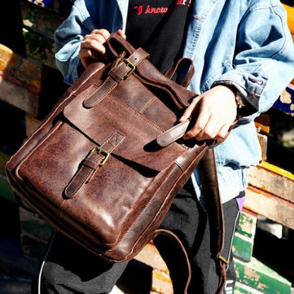 Ekphero  Men Women PU Leather Vintage Large Captial Backpack Laptop bags School Bag Shoulder Bags
