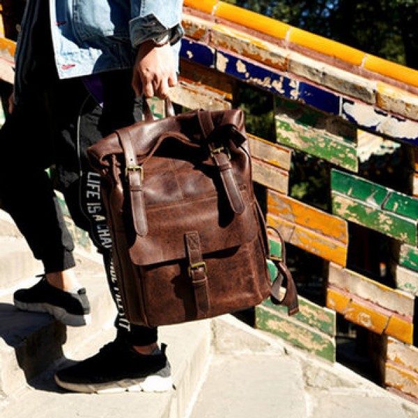 Ekphero  Men Women PU Leather Vintage Large Captial Backpack Laptop bags School Bag Shoulder Bags