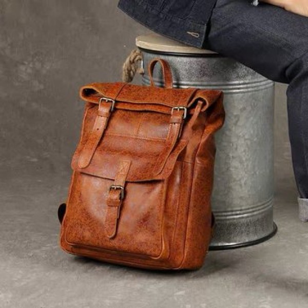Ekphero  Men Women PU Leather Vintage Large Captial Backpack Laptop bags School Bag Shoulder Bags