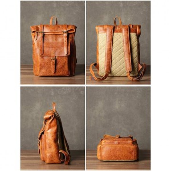 Ekphero  Men Women PU Leather Vintage Large Captial Backpack Laptop bags School Bag Shoulder Bags