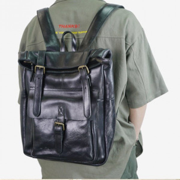 Ekphero  Men Women PU Leather Vintage Large Captial Backpack Laptop bags School Bag Shoulder Bags
