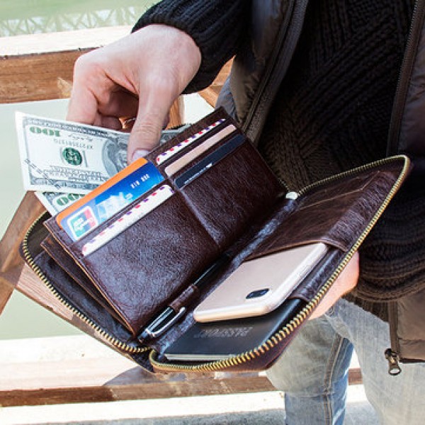 Men Multifunction Purse Pen Holder Phone Holder Zipper Pocket Large Capacity Business Wallet