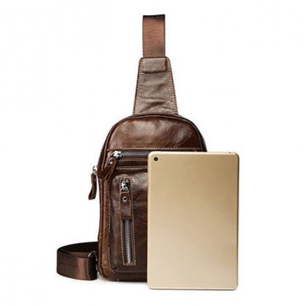 Ekphero Men Genuine Leather Chest Bag Retro Zipper Pockets Shoulder Crossbody Bag