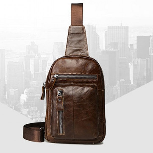 Ekphero Men Genuine Leather Chest Bag Retro Zipper Pockets Shoulder Crossbody Bag