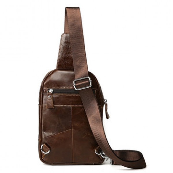 Ekphero Men Genuine Leather Chest Bag Retro Zipper Pockets Shoulder Crossbody Bag