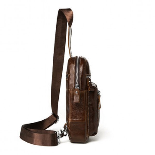 Ekphero Men Genuine Leather Chest Bag Retro Zipper Pockets Shoulder Crossbody Bag