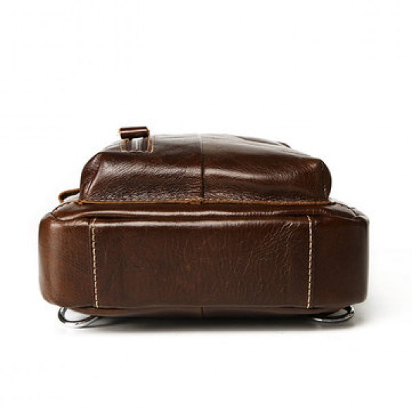 Ekphero Men Genuine Leather Chest Bag Retro Zipper Pockets Shoulder Crossbody Bag