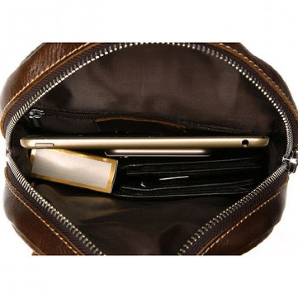 Ekphero Men Genuine Leather Chest Bag Retro Zipper Pockets Shoulder Crossbody Bag