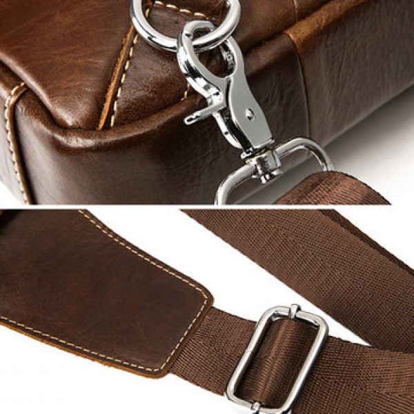 Ekphero Men Genuine Leather Chest Bag Retro Zipper Pockets Shoulder Crossbody Bag