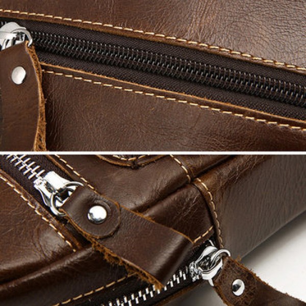 Ekphero Men Genuine Leather Chest Bag Retro Zipper Pockets Shoulder Crossbody Bag