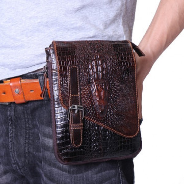 6 inches Men Genuine Leather Waist Bag Alligator Pattern Minimalist Casual Phone Bag Crossbody Bag