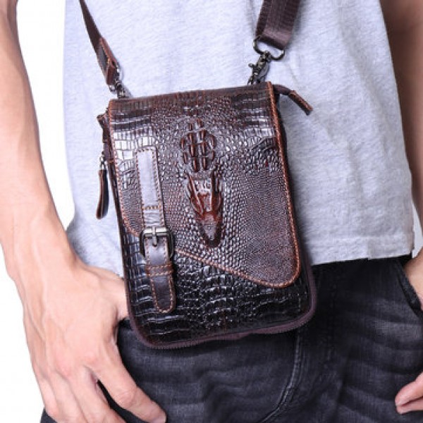 6 inches Men Genuine Leather Waist Bag Alligator Pattern Minimalist Casual Phone Bag Crossbody Bag