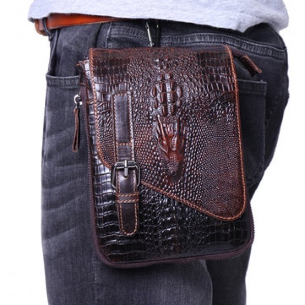 6 inches Men Genuine Leather Waist Bag Alligator Pattern Minimalist Casual Phone Bag Crossbody Bag