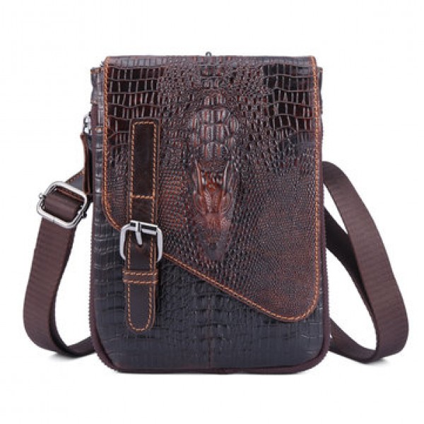6 inches Men Genuine Leather Waist Bag Alligator Pattern Minimalist Casual Phone Bag Crossbody Bag