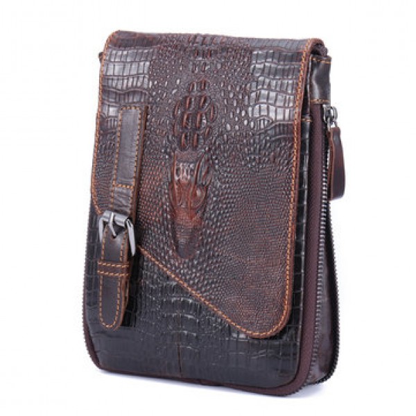 6 inches Men Genuine Leather Waist Bag Alligator Pattern Minimalist Casual Phone Bag Crossbody Bag