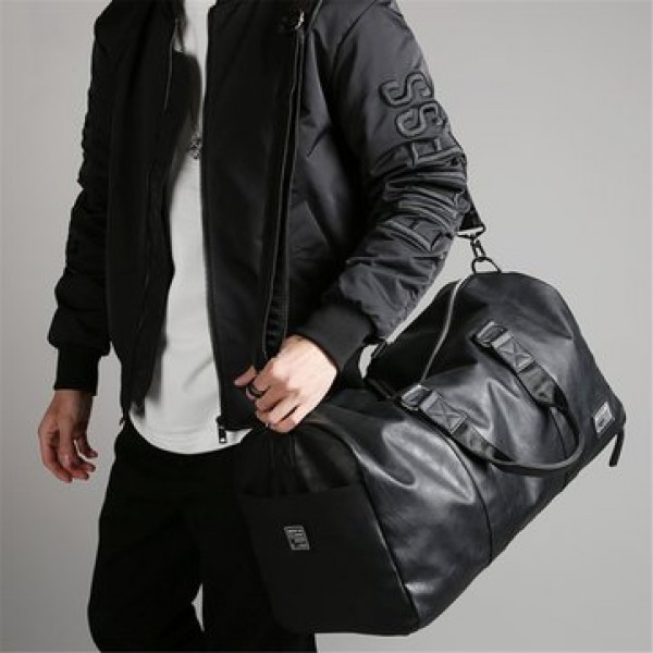 Men Black Leather Large Capacity Duffle Travel Gym Weekend Overnight Bag