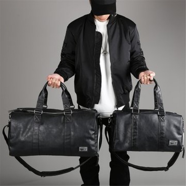 Men Black Leather Large Capacity Duffle Travel Gym Weekend Overnight Bag