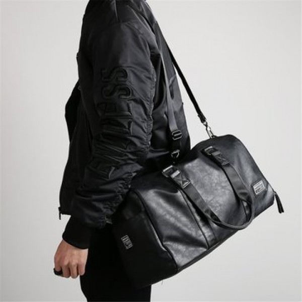 Men Black Leather Large Capacity Duffle Travel Gym Weekend Overnight Bag