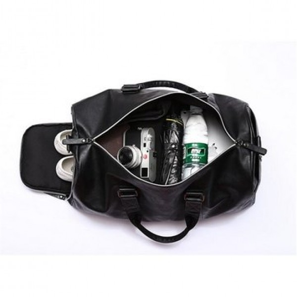 Men Black Leather Large Capacity Duffle Travel Gym Weekend Overnight Bag