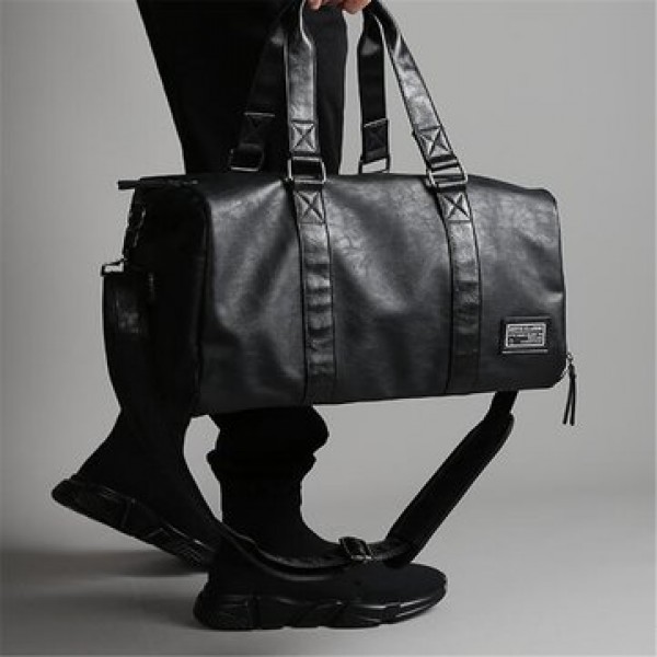 Men Black Leather Large Capacity Duffle Travel Gym...