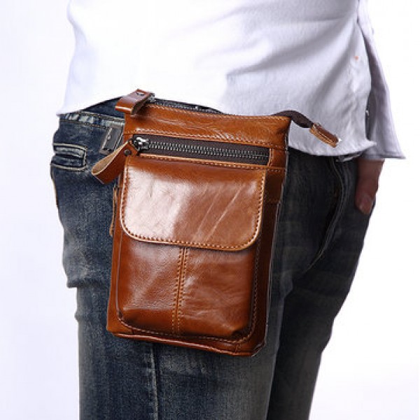7inch Cell Phone Waist Bag Men Retro Genuine Leather Camera Waist Bag