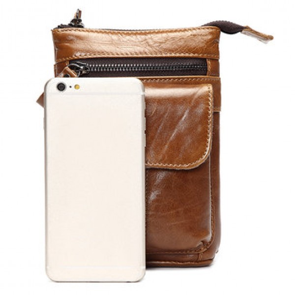 7inch Cell Phone Waist Bag Men Retro Genuine Leather Camera Waist Bag