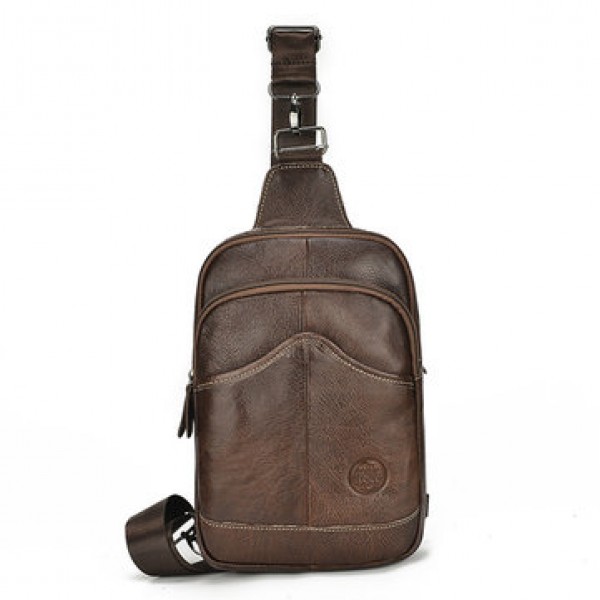 Cowhide Men Cross Body Sling Chest Bags Large Capacity Daypack