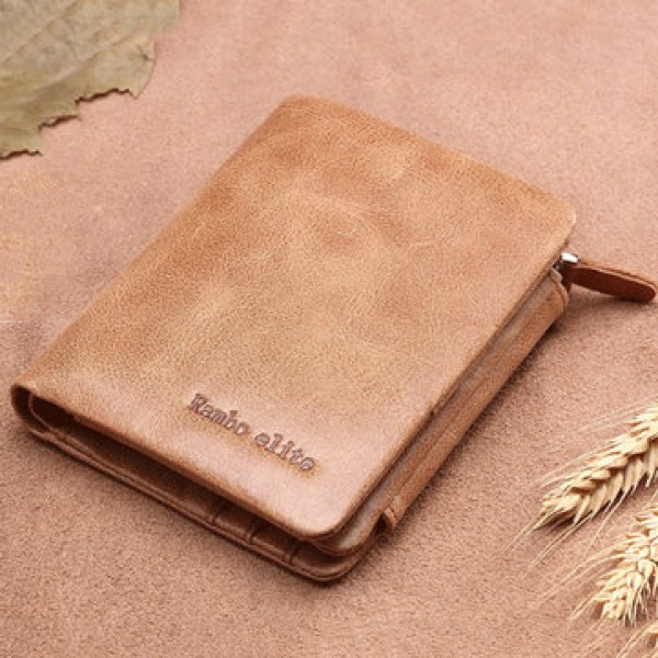 Men Genuine Leather Vintage Trifold Short Wallet w...