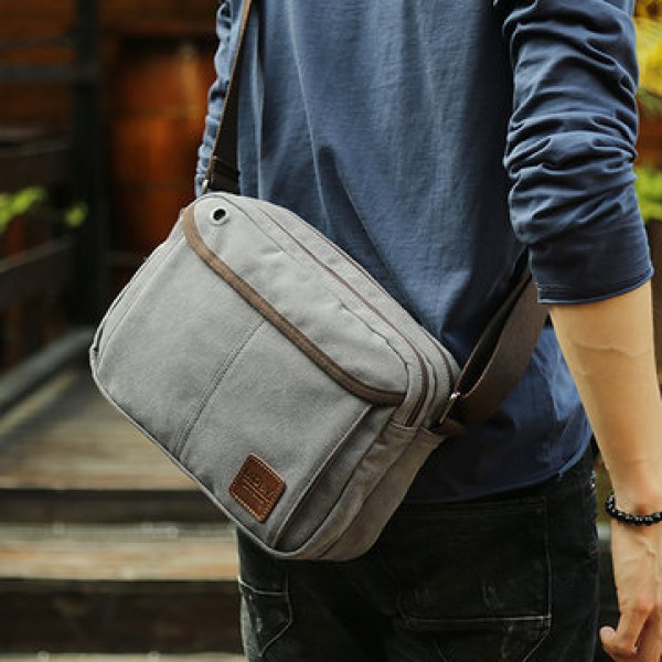 Men Canvas Vintage Leisure Crossbody Bag Solid Horizontal Shoulder Bag Weekend Bag