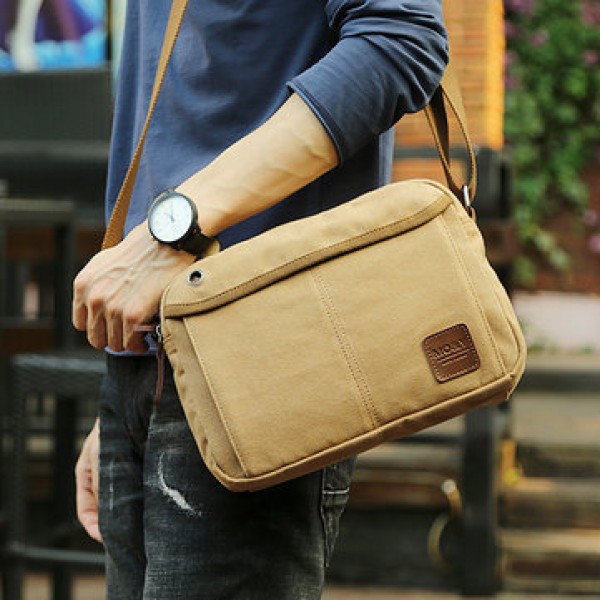 Men Canvas Vintage Leisure Crossbody Bag Solid Horizontal Shoulder Bag Weekend Bag