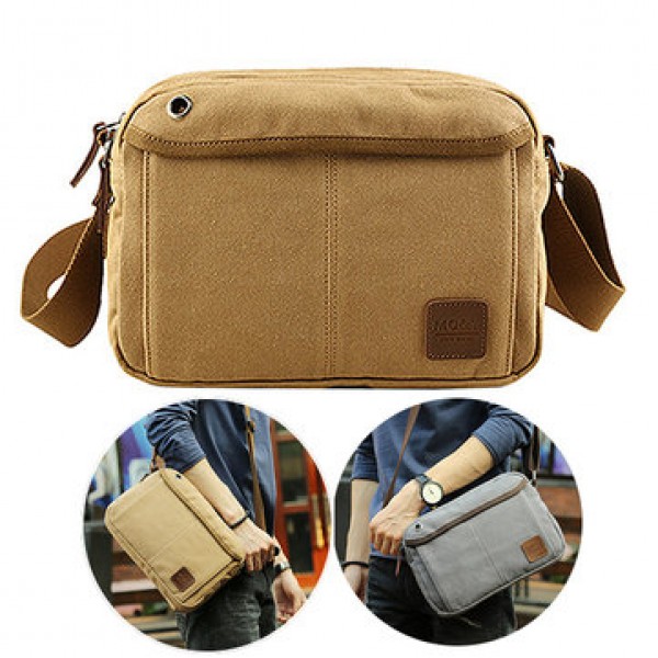Men Canvas Vintage Leisure Crossbody Bag Solid Horizontal Shoulder Bag Weekend Bag