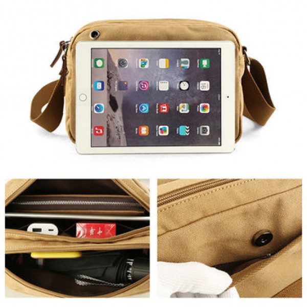 Men Canvas Vintage Leisure Crossbody Bag Solid Horizontal Shoulder Bag Weekend Bag