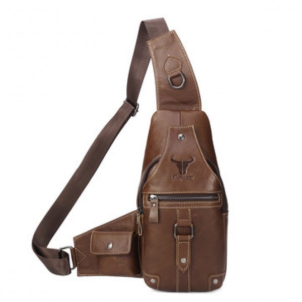 Ekphero Men Genuine Leather Leisure Crossbody Bag Large Capacity Chest Bag