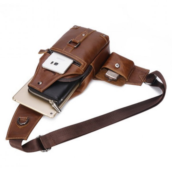 Ekphero Men Genuine Leather Leisure Crossbody Bag Large Capacity Chest Bag