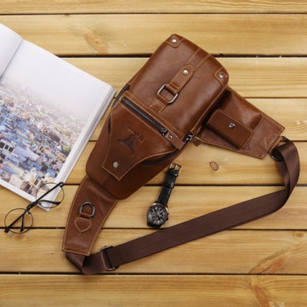 Ekphero Men Genuine Leather Leisure Crossbody Bag Large Capacity Chest Bag