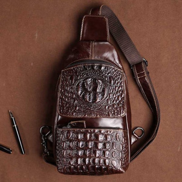 Genuine Leather Alligator Vintage Crossbody Bag Chest Bag For Men
